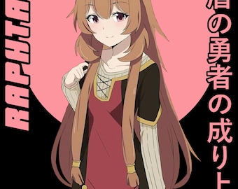 May include: Anime-style illustration of a character with long brown hair and animal ears, wearing a red and black outfit. The background features a pink circle and the word "RAPHTALIA" in white. Japanese text is also present.