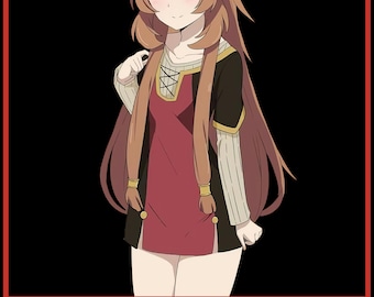 May include: Anime-style illustration of a character with long brown hair, wearing a red and black outfit. The character has animal-like ears and is set against a black background with the name "RAPHTALIA" in a red banner at the bottom.