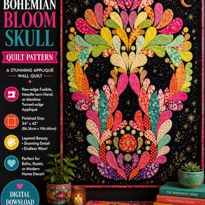 以下が含まれることがあります： Bohemian Bloom Skullというタイトルのキルトパターンで、黒い背景に花柄や模様のある花びらの形をした大きなカラフルな頭蓋骨のデザインが特徴です。テキストにはIntermediate、Quilt Pattern、Finished Size 86.36 cm x 106.68 cmが含まれています。