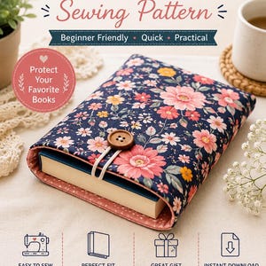 May include: A fabric book sleeve with a dark blue floral pattern featuring pink and yellow flowers, secured by a brown wooden button and elastic loop. The text reads: BOOK SLEEVE Sewing Pattern, Protect Your Favorite Books, Beginner Friendly, Quick, Practical, EASY TO SEW, PERFECT FIT, GREAT GIFT, INSTANT DOWNLOAD, Simple. Stylish. Handmade.
