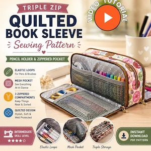 May include: A triple zip quilted book sleeve sewing pattern featuring a doughnut print exterior, three zippered compartments, internal elastic loops for pens, and a mesh pocket. The design includes text labels for features and an intermediate skill level.