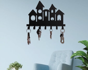House Key Holder for Wall - Metal Key Rack with Village Design - Entryway Organizer - Wall-Mounted Key Hook, Rustic Home Decor