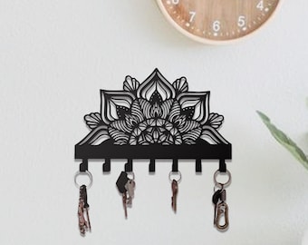 Llavero de metal con diseño de flor de loto/perchero de pared con diseño de mandala, organizador de entrada bohemio, decoración zen para el hogar, regalo para sala de yoga, colgador de llaves de metal.