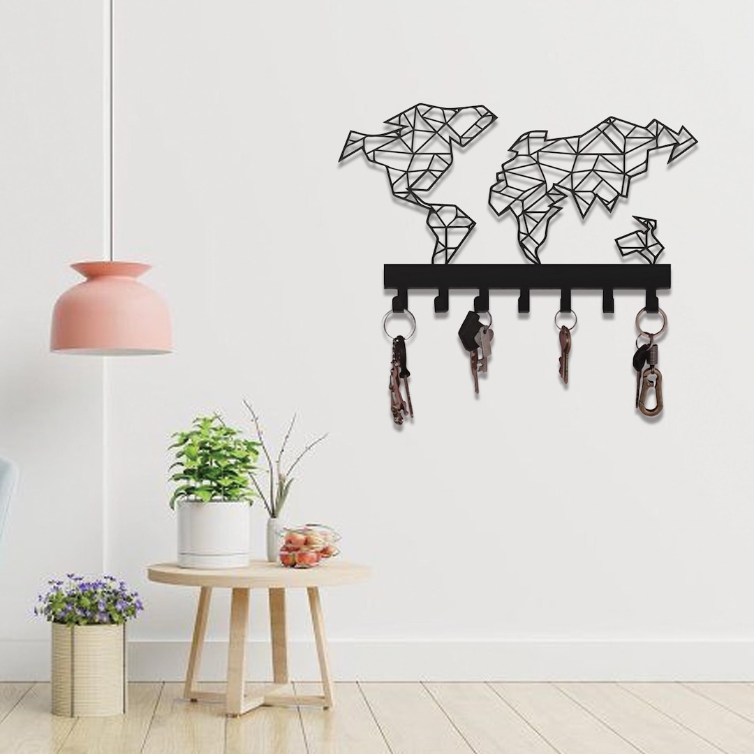 Customized Geometric World Map Key Holder - Minimalist World Map Key ...