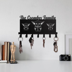 Puede incluir: Llavero de metal negro con tres imágenes de Grogu y el texto "The Coombes Family". El llavero tiene cinco ganchos con llaves colgando. Un artículo decorativo para la organización del hogar.