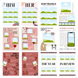 May include: A selection of scrapbook pages with different themes. The pages feature the words "HIM," "HER," "OUR TRAVELS," "THINGS YOU LOVE MOST," "I LOVE YOU," "THINGS I LOVE ABOUT YOU," "FOREVER IS NOT LONG ENOUGH WITH YOU," "MY SOULMATE," "MEMORIES AND MUSIC," "THE YEAR," and "IN REVIEW."