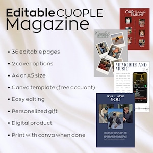 May include: An editable couple's magazine template with a white background. The magazine features 36 editable pages, 2 cover options, and A4 or A5 size. It's a Canva template, easy to edit, a personalized gift, and a digital product.