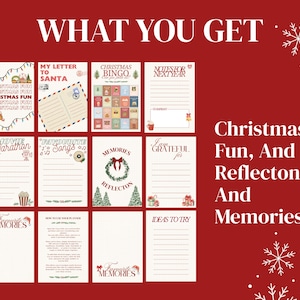 May include: A red background with white snowflakes and text that reads "WHAT YOU GET" and "Christmas Fun, And Reflection And Memories." The image shows various Christmas-themed journal pages, including a letter to Santa and a bingo card.