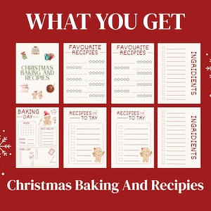 May include: A red background with white text that reads "WHAT YOU GET" and "Christmas Baking And Recipes". The image shows recipe cards with illustrations of gingerbread men, baking tools, and Christmas sweaters.