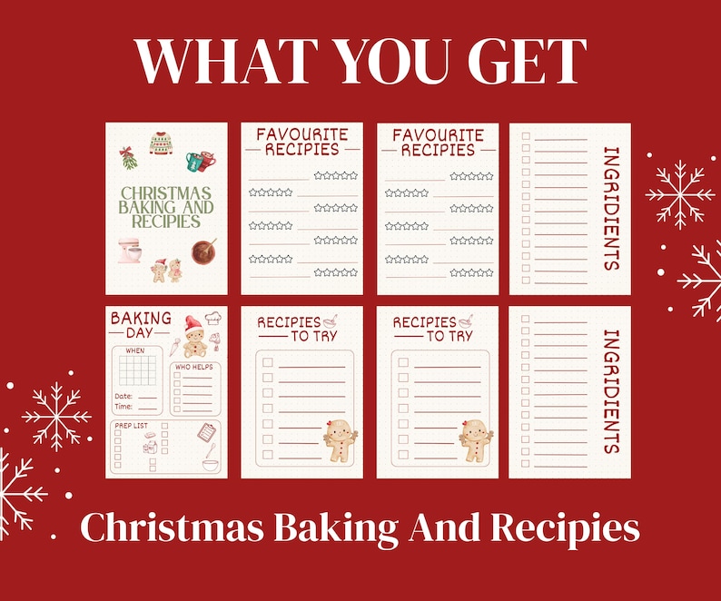 May include: A red background with white text that reads "WHAT YOU GET" and "Christmas Baking And Recipes". The image shows recipe cards with illustrations of gingerbread men, baking tools, and Christmas sweaters.