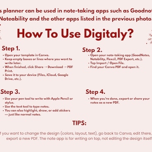 May include: A digital planner guide with instructions on how to use it with note-taking apps. The text is in a red font on a light pink background, with snowflake illustrations. The guide provides steps for using the planner in apps like GoodNotes and Canva.