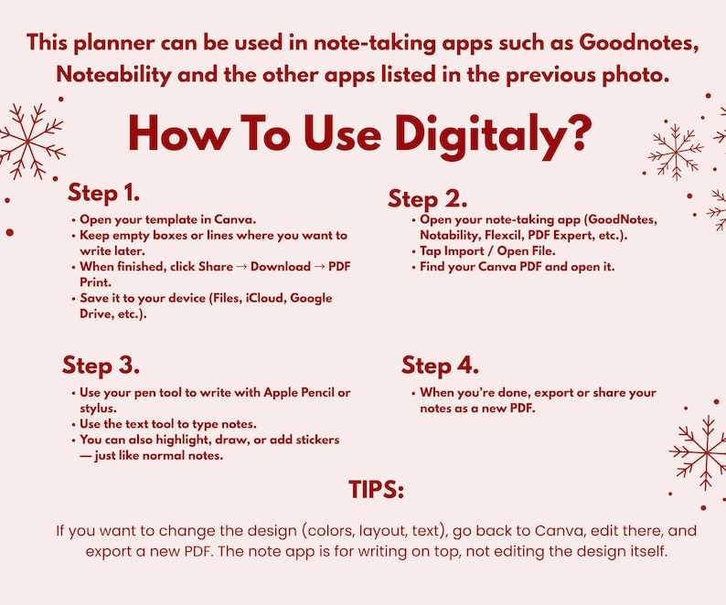 May include: A digital planner guide with instructions on how to use it with note-taking apps. The text is in a red font on a light pink background, with snowflake illustrations. The guide provides steps for using the planner in apps like GoodNotes and Canva.