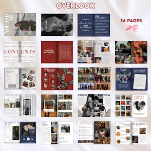 May include: A photo album with a collage of images and text. The album has a red and white colour scheme with the text "OVERLOOK" at the top. The album contains the text "YOU AND ME", "CONTENTS", "CAMILLE & MATTHEW'S", "DATE BUCKETLIST", "36 PAGES", "HOW WE MET", "OUR TIMELINE", "MEMORIES AND MUSIC", and "OUR STORY".