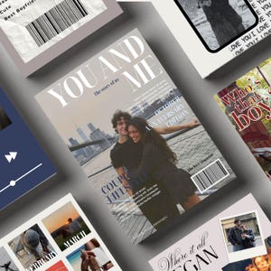 May include: A selection of magazine covers and photo prints with a romantic theme. The central magazine cover features a couple embracing with the text "YOU AND ME" and "The story of us." Other covers include the text "Who's that boy" and "Where it all began."