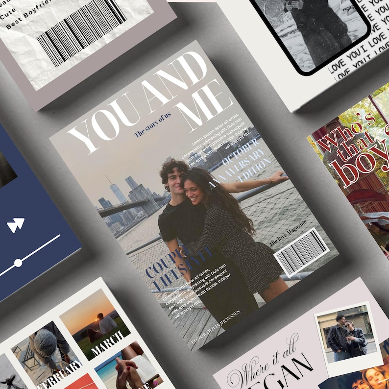 May include: A selection of magazine covers and photo prints with a romantic theme. The central magazine cover features a couple embracing with the text "YOU AND ME" and "The story of us." Other covers include the text "Who's that boy" and "Where it all began."