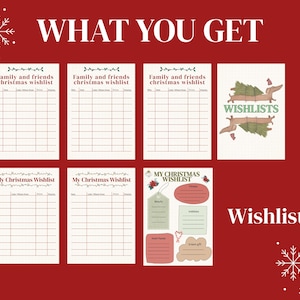 May include: A red background with the text "WHAT YOU GET" and "Wishlists". The image shows several Christmas wishlists, including "Family and friends christmas wishlist" and "My Christmas Wishlist" templates.