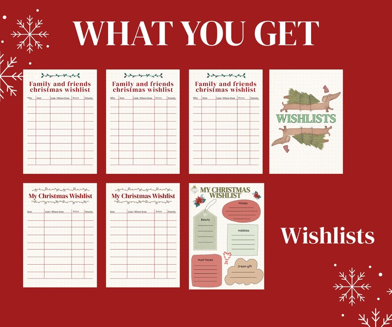 May include: A red background with the text "WHAT YOU GET" and "Wishlists". The image shows several Christmas wishlists, including "Family and friends christmas wishlist" and "My Christmas Wishlist" templates.
