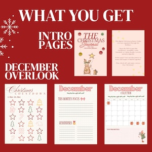 May include: A red background with white snowflakes and text that reads "WHAT YOU GET", "INTRO PAGES", and "DECEMBER OVERLOOK". The image shows pages from a Christmas journal and planner, including a countdown, monthly focus, and calendar.