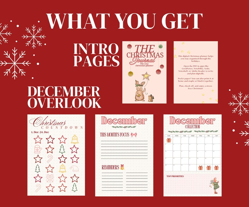 May include: A red background with white snowflakes and text that reads "WHAT YOU GET", "INTRO PAGES", and "DECEMBER OVERLOOK". The image shows pages from a Christmas journal and planner, including a countdown, monthly focus, and calendar.