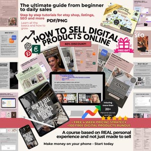 May include: A digital product guide titled How to Sell Digital Products Online, featuring step-by-step tutorials for Etsy shops, SEO, and listings. The layout includes a computer monitor, tablet, smartphone, and various informational pages.