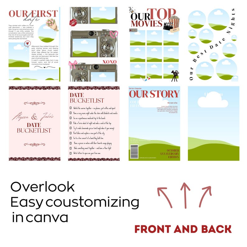 May include: A selection of social media templates for various themes, including date nights and movies. The designs use a light colour scheme and include text such as "Our First Date" and "Date Bucketlist".