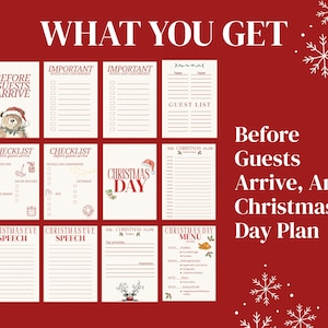 May include: A red background with white text that reads "WHAT YOU GET" and "Before Guests Arrive, And Christmas Day Plan." The image features various Christmas-themed checklists and planning pages.