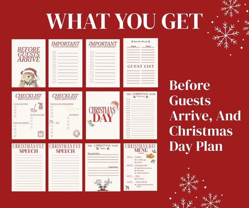 May include: A red background with white text that reads "WHAT YOU GET" and "Before Guests Arrive, And Christmas Day Plan." The image features various Christmas-themed checklists and planning pages.