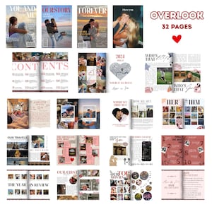 May include: A photo album with a pink and white theme, featuring magazine-style covers with couples. Inside, pages display photos, text, and graphics. The album includes the text "OVERLOOK" and "32 PAGES".