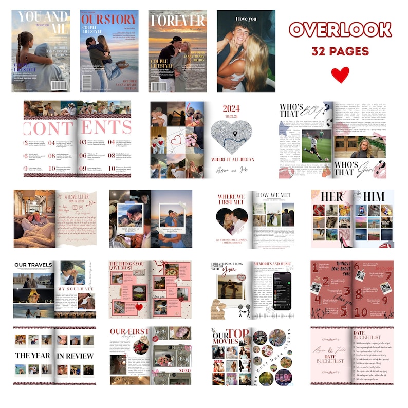 May include: A photo album with a pink and white theme, featuring magazine-style covers with couples. Inside, pages display photos, text, and graphics. The album includes the text "OVERLOOK" and "32 PAGES".