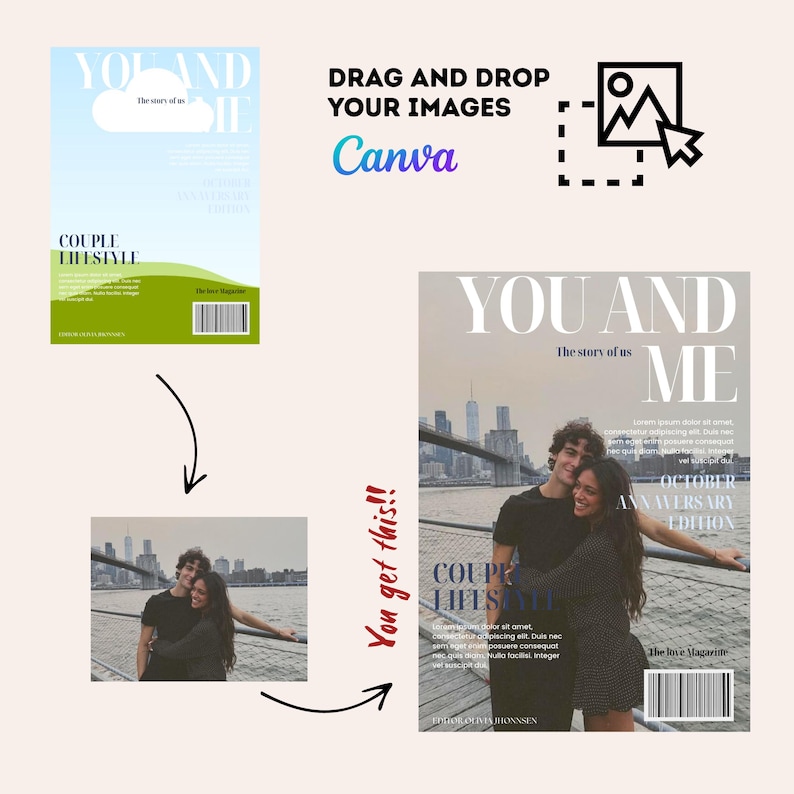 May include: Magazine cover design with the text "YOU AND ME" and "COUPLE LIFESTYLE". The cover features a couple embracing with a city skyline in the background. The text "OCTOBER ANNIVERSARY EDITION" is also visible.