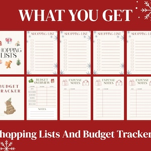 May include: A collection of printable shopping lists and budget trackers on a red background. The text "WHAT YOU GET" is at the top, with "SHOPPING LISTS" and "BUDGET TRACKER" labels. The image includes various list templates and festive illustrations.