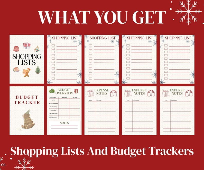 May include: A collection of printable shopping lists and budget trackers on a red background. The text "WHAT YOU GET" is at the top, with "SHOPPING LISTS" and "BUDGET TRACKER" labels. The image includes various list templates and festive illustrations.