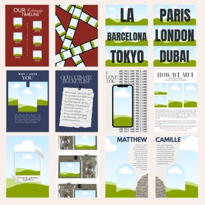 May include: A selection of personalised art prints with diverse designs. Includes a timeline, travel destinations, a bucket list, and photo displays. The prints feature text such as "Our Relationship Timeline," "Why I Love You," and names like "Matthew" and "Camille."