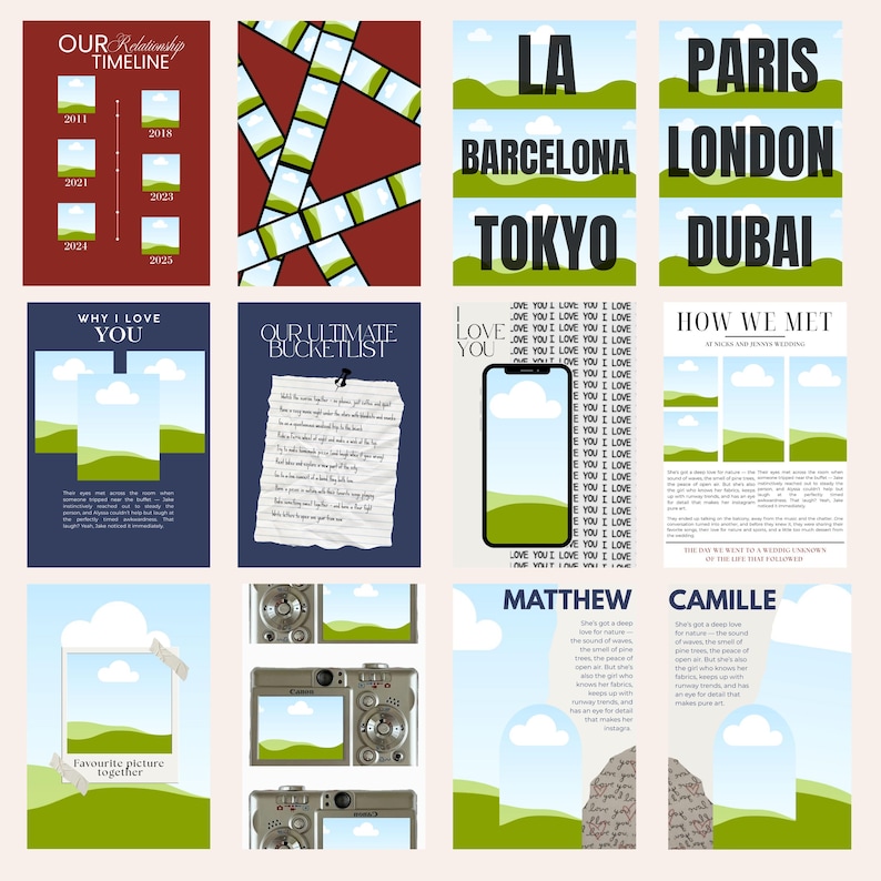 May include: A selection of personalised art prints with diverse designs. Includes a timeline, travel destinations, a bucket list, and photo displays. The prints feature text such as "Our Relationship Timeline," "Why I Love You," and names like "Matthew" and "Camille."