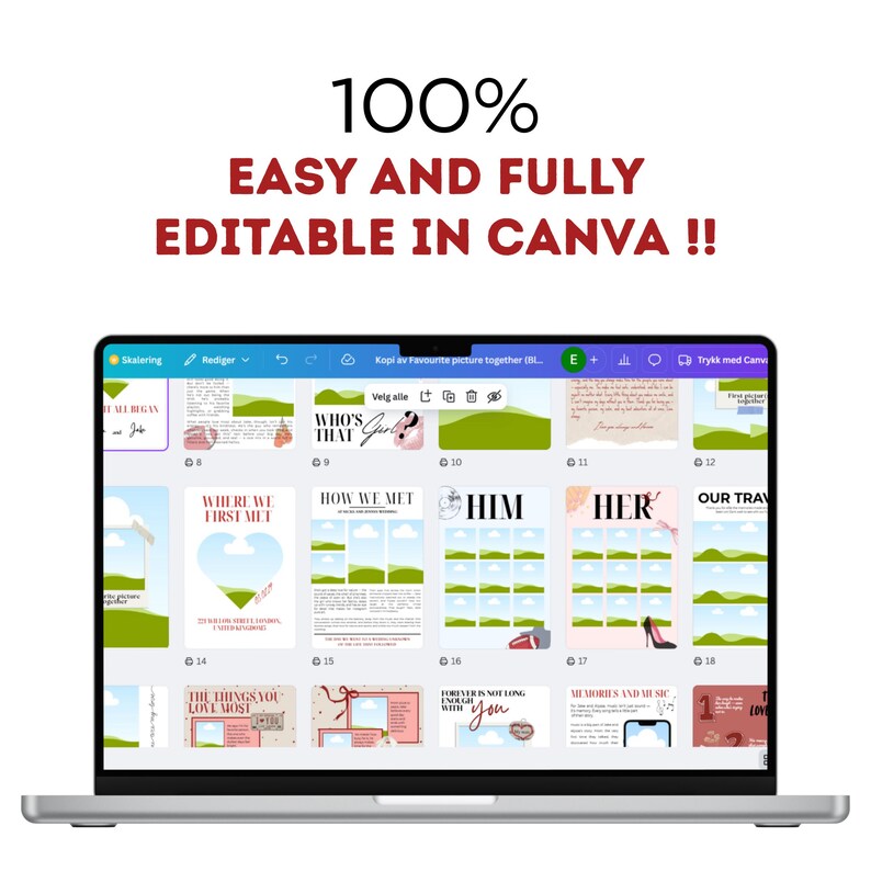 May include: A laptop screen showing a Canva template with multiple layouts for a photo album or scrapbook. The text on the screen reads "100% EASY AND FULLY EDITABLE IN CANVA !!". The layouts include spaces for photos and text, using a soft colour palette.
