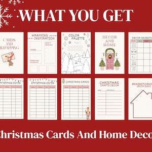 May include: A collection of printable Christmas-themed planner pages. Includes cards and wrapping, color palette, decor inventory, and brainstorming ideas. The text "What You Get" and "Christmas Cards And Home Decor" are displayed in white on a red background.