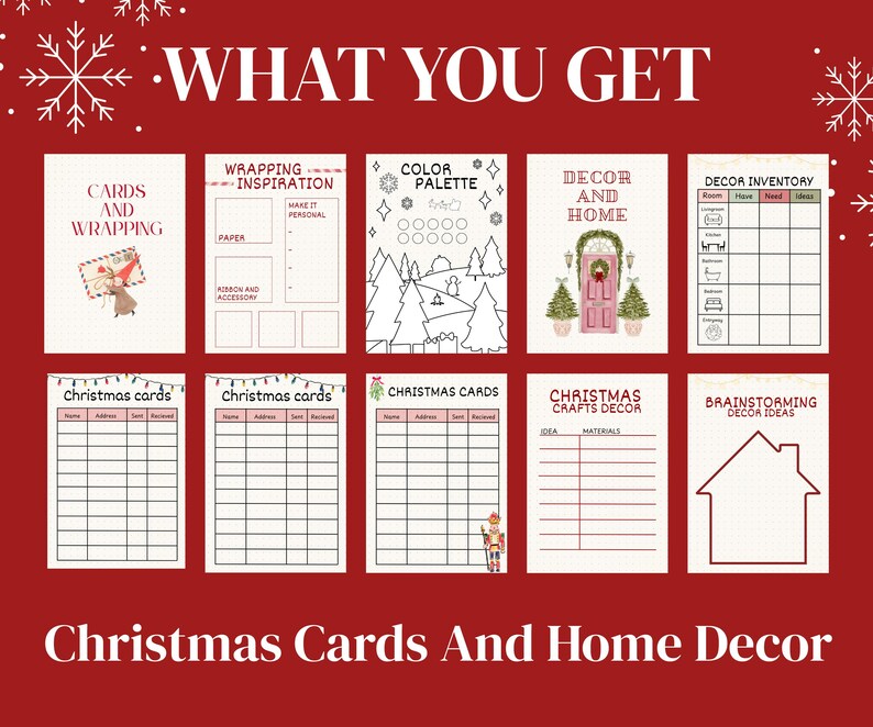 May include: A collection of printable Christmas-themed planner pages. Includes cards and wrapping, color palette, decor inventory, and brainstorming ideas. The text "What You Get" and "Christmas Cards And Home Decor" are displayed in white on a red background.