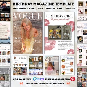 以下が含まれることがあります： 黄色のドレスを着た女性をフィーチャーした、Vogue スタイルの表紙が付いたデジタル誕生日雑誌テンプレート。テンプレートには、「Birthday Girl」ページ、旅行写真、食品ページなど、さまざまなレイアウトが含まれています。 Canva で完全に編集可能。