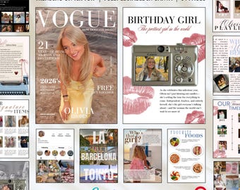 May include: A digital birthday magazine template with a Vogue-style cover featuring a woman in a yellow dress. The template includes various layouts, such as a 'Birthday Girl' page, travel photos, and food pages. The template is fully editable in Canva.