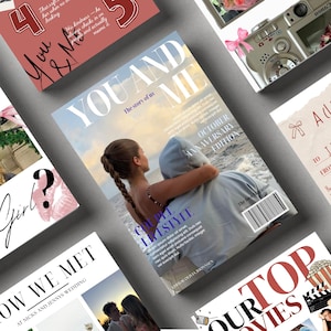 May include: A magazine cover titled "YOU AND ME" with the subtitle "The story of us" and "OCTOBER ANNIVERSARY EDITION". The cover features a couple embracing on a beach. Other cards with text and images are arranged around the magazine.