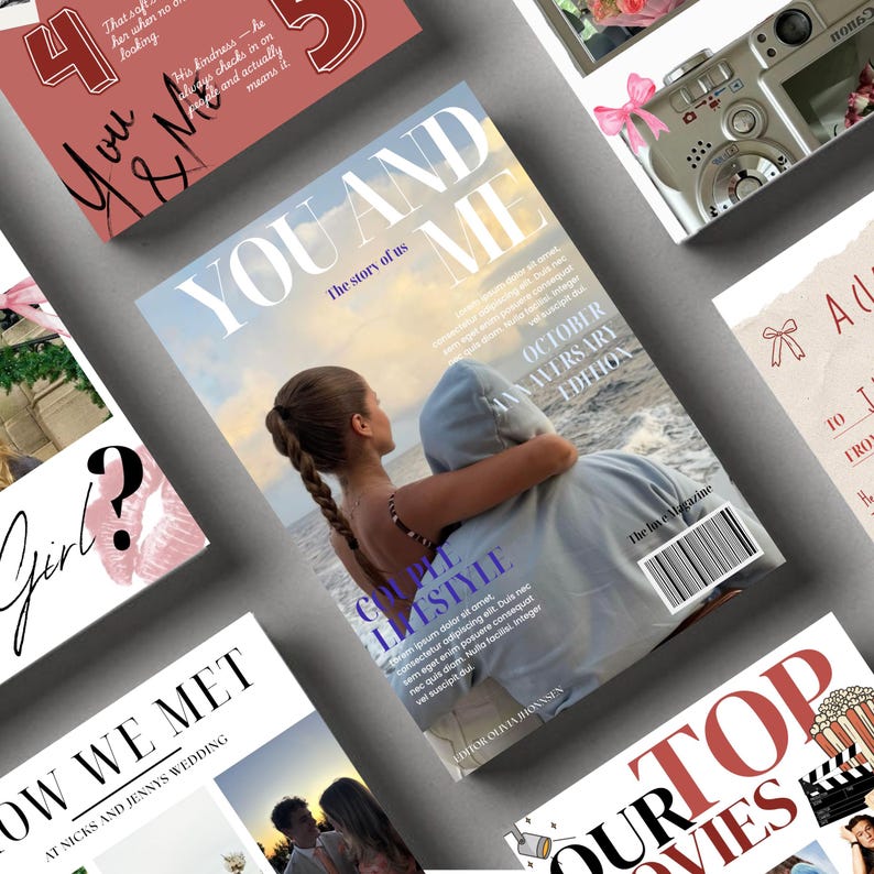 May include: A magazine cover titled "YOU AND ME" with the subtitle "The story of us" and "OCTOBER ANNIVERSARY EDITION". The cover features a couple embracing on a beach. Other cards with text and images are arranged around the magazine.