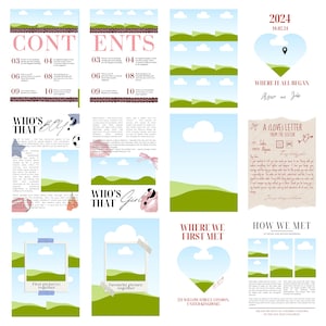 May include: A set of scrapbook pages with a light blue and green landscape theme. The pages feature text, photo frames, and heart-shaped designs. Text includes "Contents", "Where it all began", and "Where we first met".