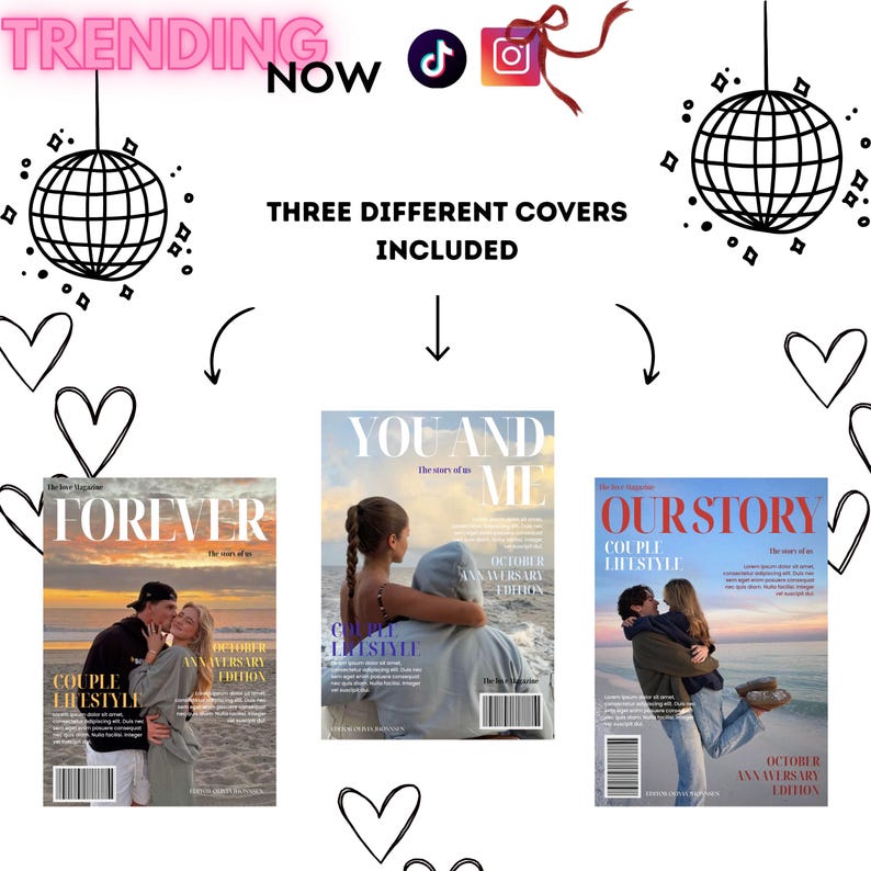 May include: The image shows three magazine covers with couples on the front. The titles are "Forever", "You and Me", and "Our Story". The words "Trending Now" and social media icons are at the top. The phrase "Three Different Covers Included" is also present.