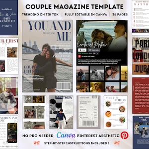 Può includere: Un modello di rivista intitolato "Couple Magazine Template" con le parole "You and Me" sulla copertina. Il modello include vari layout, foto ed elementi di testo, con i loghi Canva e Pinterest. Il testo "Trending on TikTok" è anch'esso visibile.