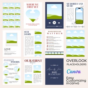 May include: A set of digital templates with a light beige background. The templates include designs for a wedding, with text such as "Where We First Met", "Our Story", and "Date Bucketlist". The Canva logo is also visible.