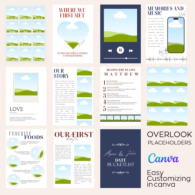 May include: A set of digital templates with a light beige background. The templates include designs for a wedding, with text such as "Where We First Met", "Our Story", and "Date Bucketlist". The Canva logo is also visible.