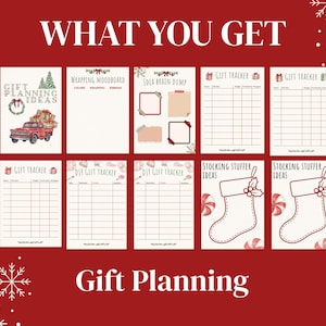 May include: A collection of printable gift planning pages with a red and white theme. Includes gift trackers, wrapping mood boards, and stocking stuffer ideas. The text "WHAT YOU GET" and "Gift Planning" are displayed.