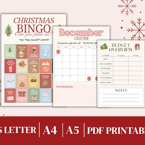 May include: A collection of printable Christmas-themed planner pages. Includes a Christmas Bingo game, a December calendar, and a budget overview sheet. The pages feature festive illustrations and text, with the words "Christmas Bingo," "December Collection," and "Budget Overview."