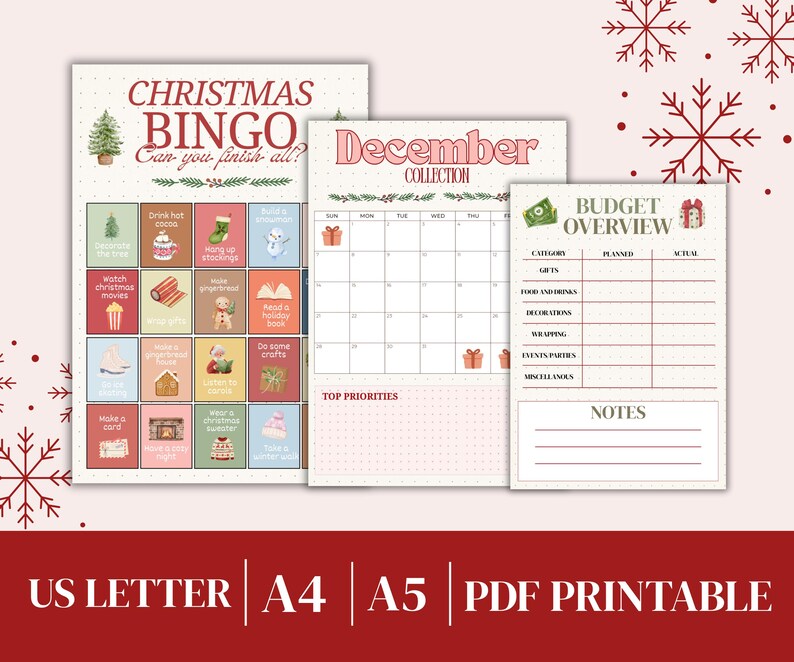 May include: A collection of printable Christmas-themed planner pages. Includes a Christmas Bingo game, a December calendar, and a budget overview sheet. The pages feature festive illustrations and text, with the words "Christmas Bingo," "December Collection," and "Budget Overview."