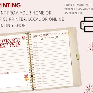 May include: A beige planner with a spiral binding, open to two pages with red text and illustrations. The left page says "NOTES FOR NEXT YEAR" and "TO IMPROVE". The right page is titled "THE CHRISTMAS FLOW". The image also includes text about printing.